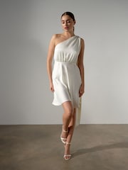 White Textured Satin Halter Sleeveless Mini Dress - Image 3 of 5