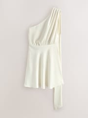 White Textured Satin Halter Sleeveless Mini Dress - Image 6 of 8