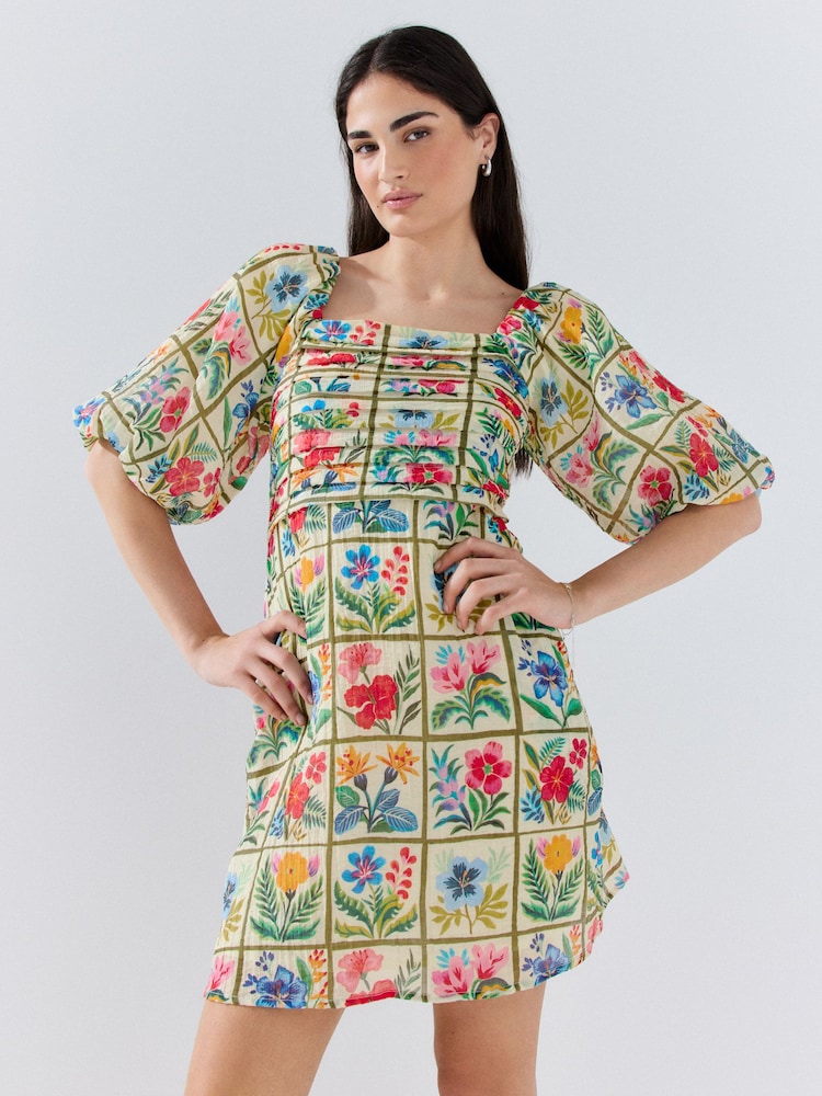 Red Floral Tile Print Puff Sleeve Mini Occasion Dress - Image 1 of 8