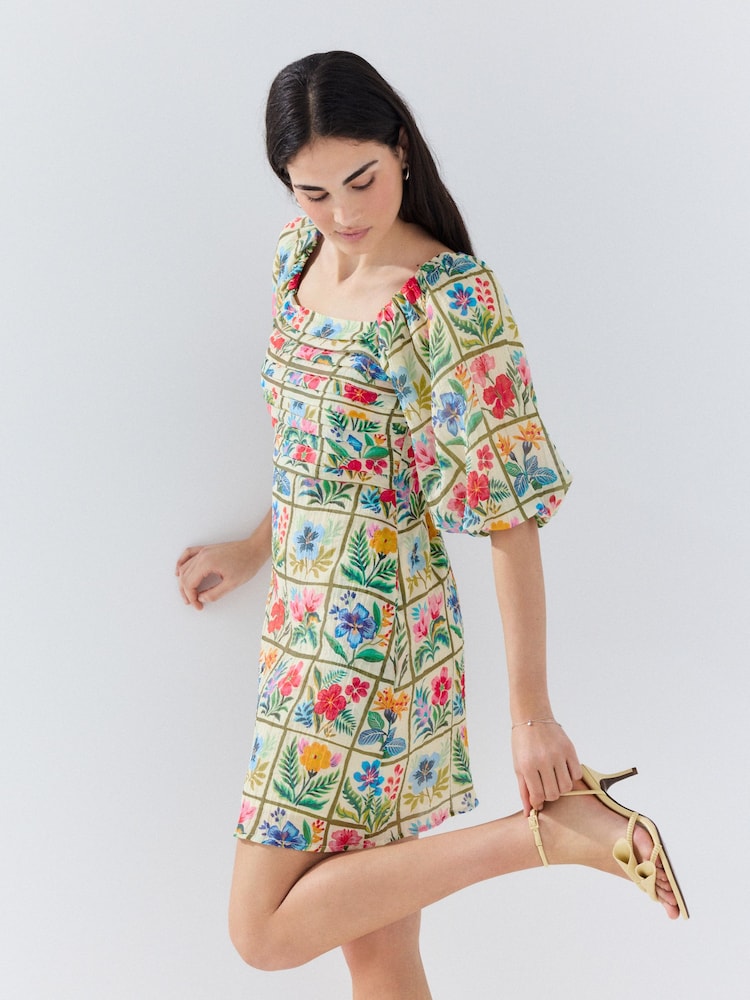 Red Floral Tile Print Puff Sleeve Mini Occasion Dress - Image 2 of 8