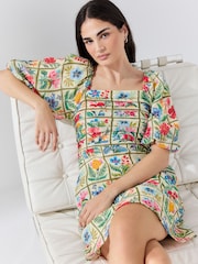 Red Floral Tile Print Puff Sleeve Mini Occasion Dress - Image 3 of 8