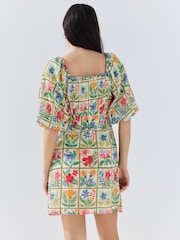 Red Floral Tile Print Puff Sleeve Mini Occasion Dress - Image 4 of 8