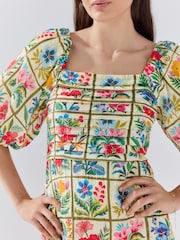 Red Floral Tile Print Puff Sleeve Mini Occasion Dress - Image 5 of 8