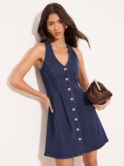 Lipsy Rinse Blue Wash Button Down Denim Mini Dress - Image 1 of 4