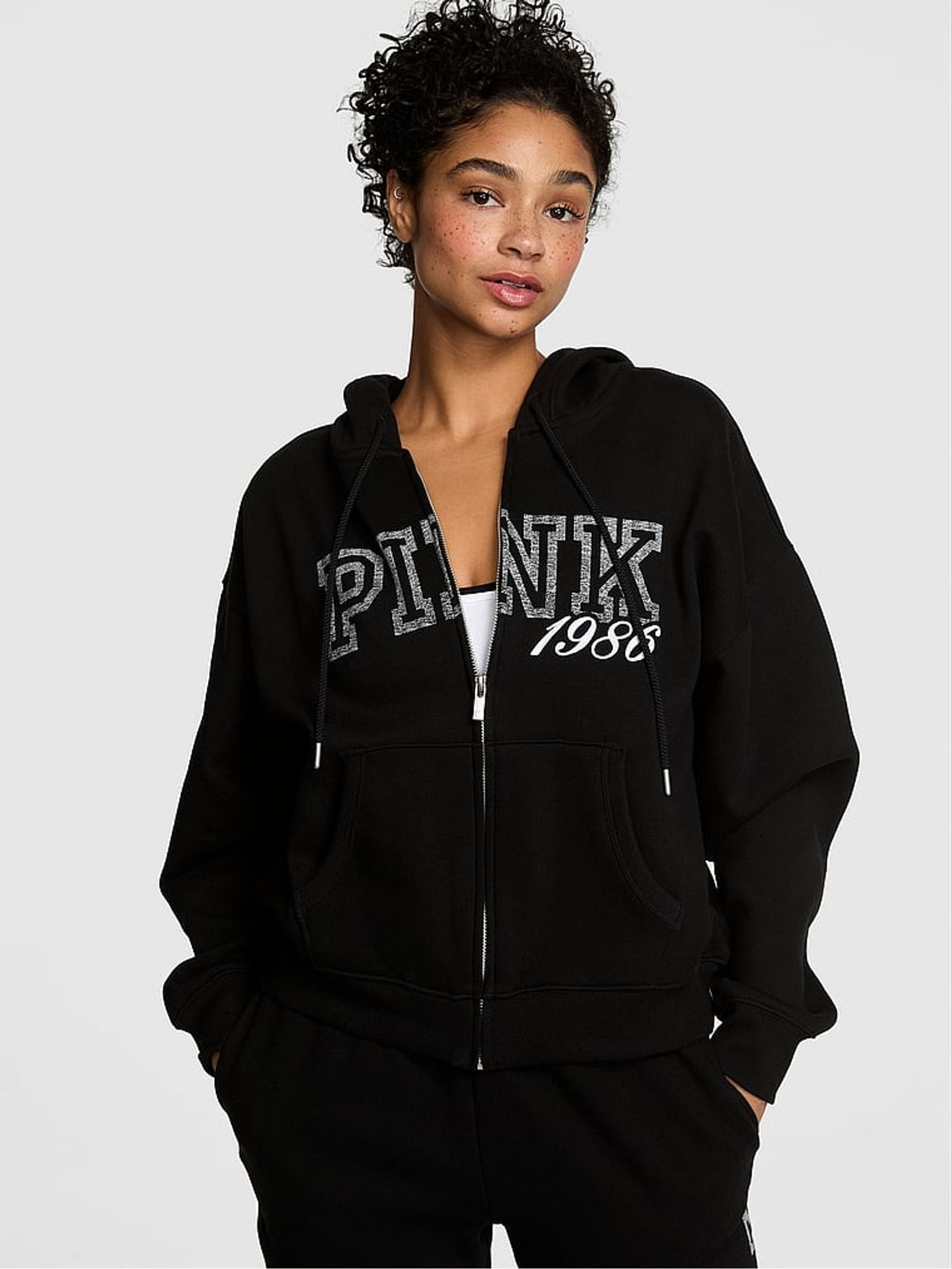 Buy Victoria's Secret PINK Black and Grey Fleece Zip Up Hoodie