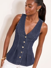 Lipsy Rinse Blue Peplum Denim Waistcoat - Image 1 of 4