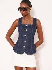 Lipsy Rinse Blue Square Neck Denim Waistcoat - Image 1 of 4
