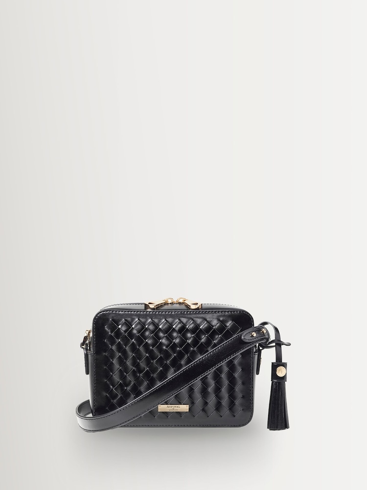 Aspinal of London Black Camera Slot Weave leather Bag with Tassel - Image 1 of 4 Aspinal of London Black Camera Slot Weave leather Bag with Tassel - Image 1 of 4