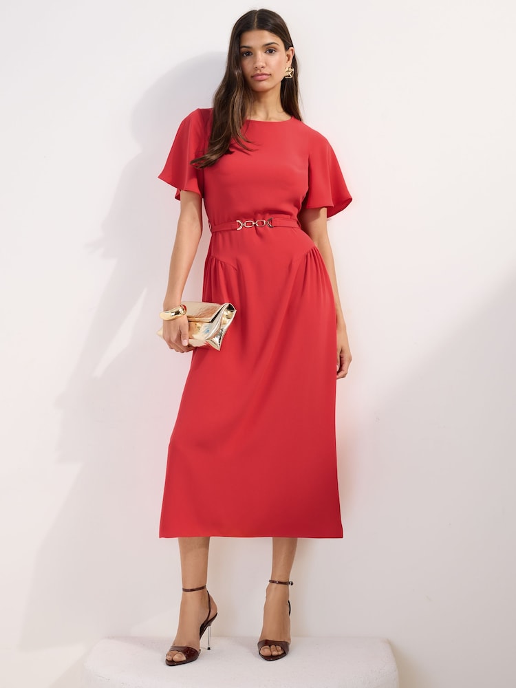 Korallenpink - Friends Like These Belted Flutter Sleeve Midi Dress - Bild 1 von 4