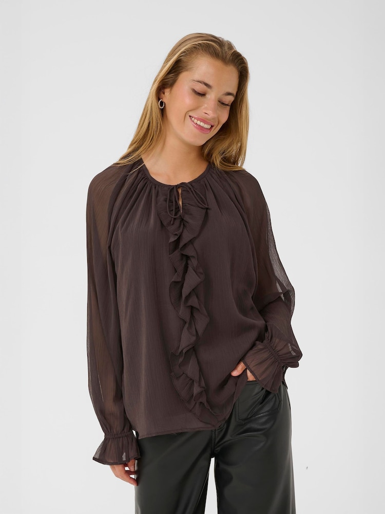 Kaffe KAmila Tie Neck Chiffon Brown Blouse - Image 1 of 6 Kaffe KAmila Tie Neck Chiffon Brown Blouse - Image 1 of 6