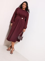 Friends Like These Red Curve Chiffon Long Sleeve Hardware Detail Midi Dress - Image 1 of 4