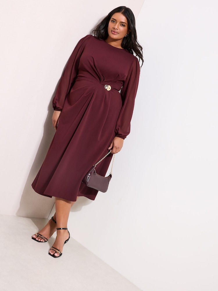 Friends Like These Red Curve Chiffon Long Sleeve Hardware Detail Midi Dress - Image 1 of 4