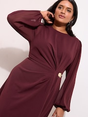 Friends Like These Red Curve Chiffon Long Sleeve Hardware Detail Midi Dress - Image 3 of 4
