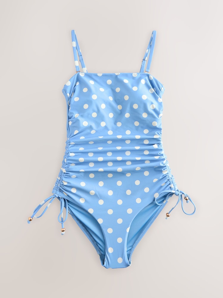 Blue/Brown Spot Bandeau Ruched Leg Tummy Control Shaping Swimsuit - Image 1 of 3