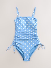 Blue/Brown Spot Bandeau Ruched Leg Tummy Control Shaping Swimsuit - Image 5 of 7