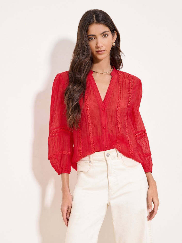 Rot - Lipsy 3/4 Sleeve Grandad Blouse - Bild 1 von 4