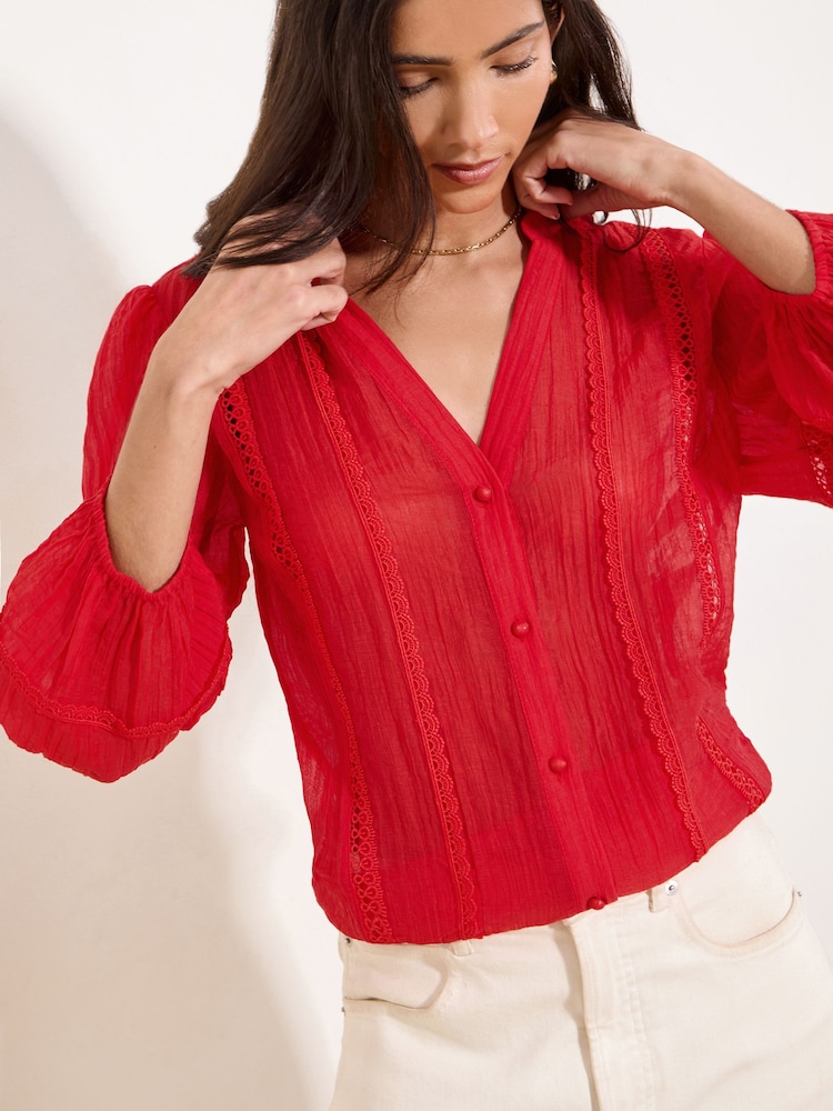 Rot - Lipsy 3/4 Sleeve Grandad Blouse - Bild 2 von 4