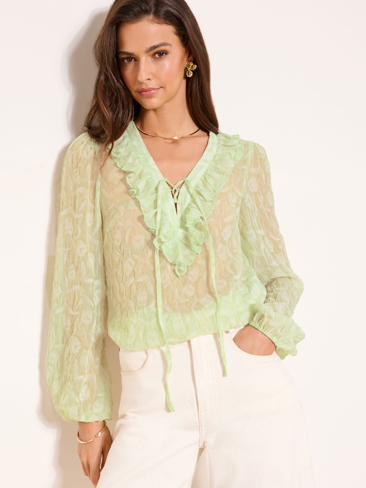 Lipsy Green Textured Ruffle Tie Blouse - Image 1 of 4