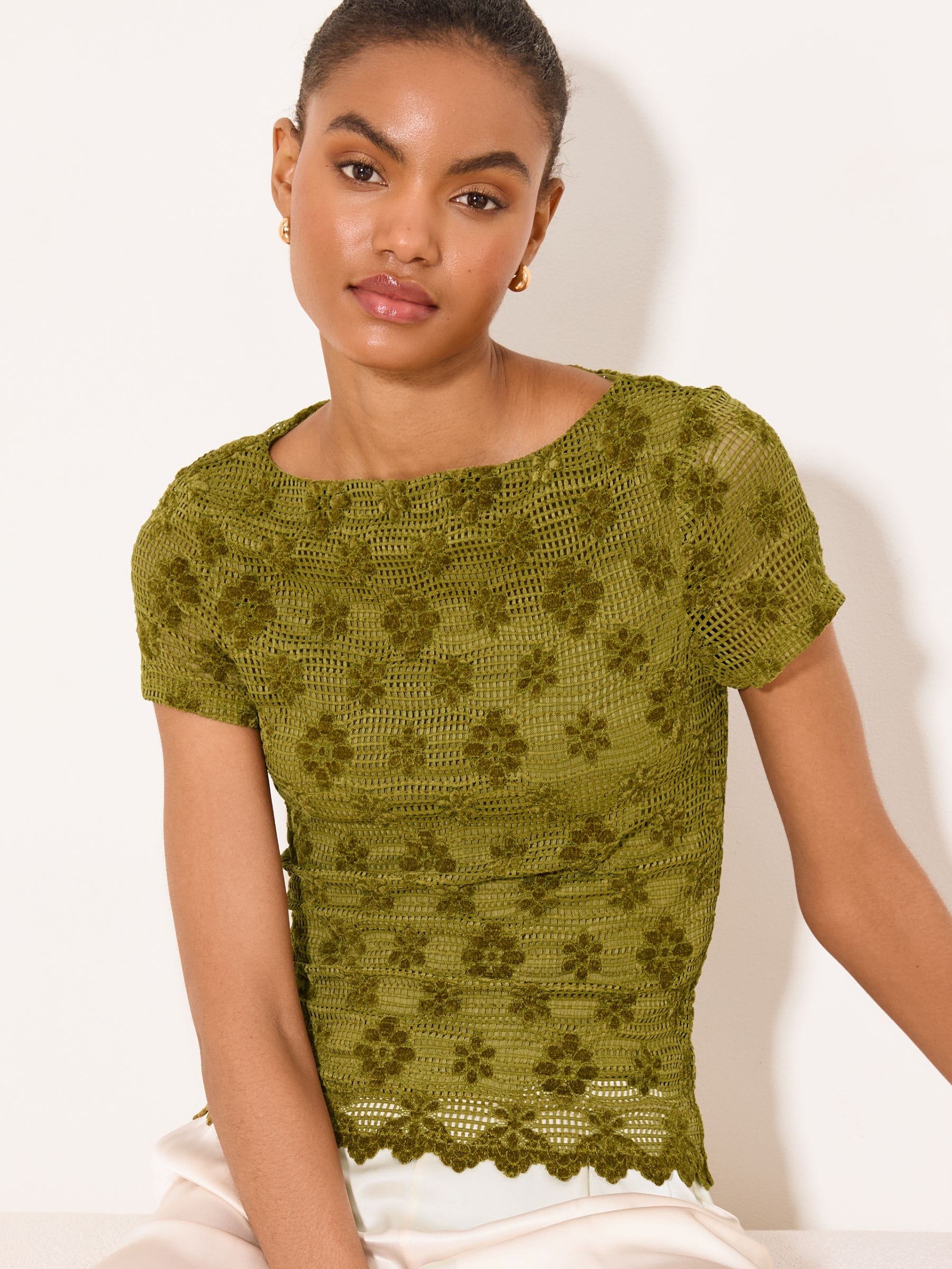 Buy Lipsy Olive Green Textured Frill T-Shirt from the Next UK