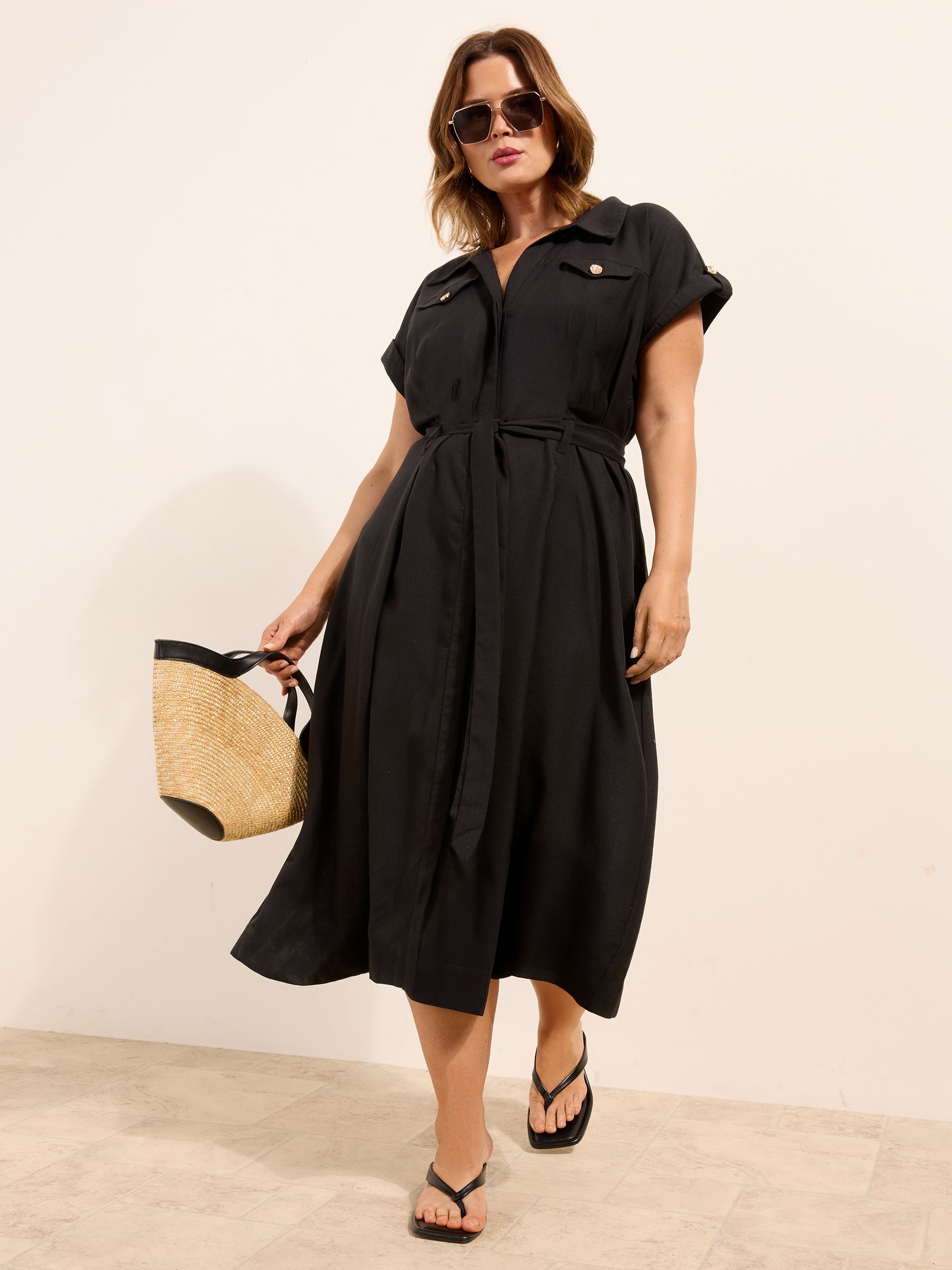Buy Lipsy Black Curve Linen Blend Button Through Short Sleeve Midi