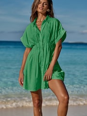 Lipsy Green Short Sleeve Broderie Mini Shirt Dress - Image 3 of 4