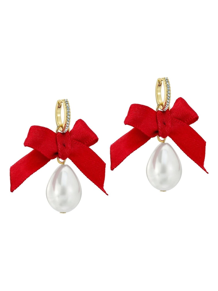 Ted Baker Gold Tone Riyya: Ribbon Bow Pearl Drop Huggie Earrings - Image 2 of 4 Ted Baker Gold Tone Riyya: Ribbon Bow Pearl Drop Huggie Earrings - Image 2 of 4