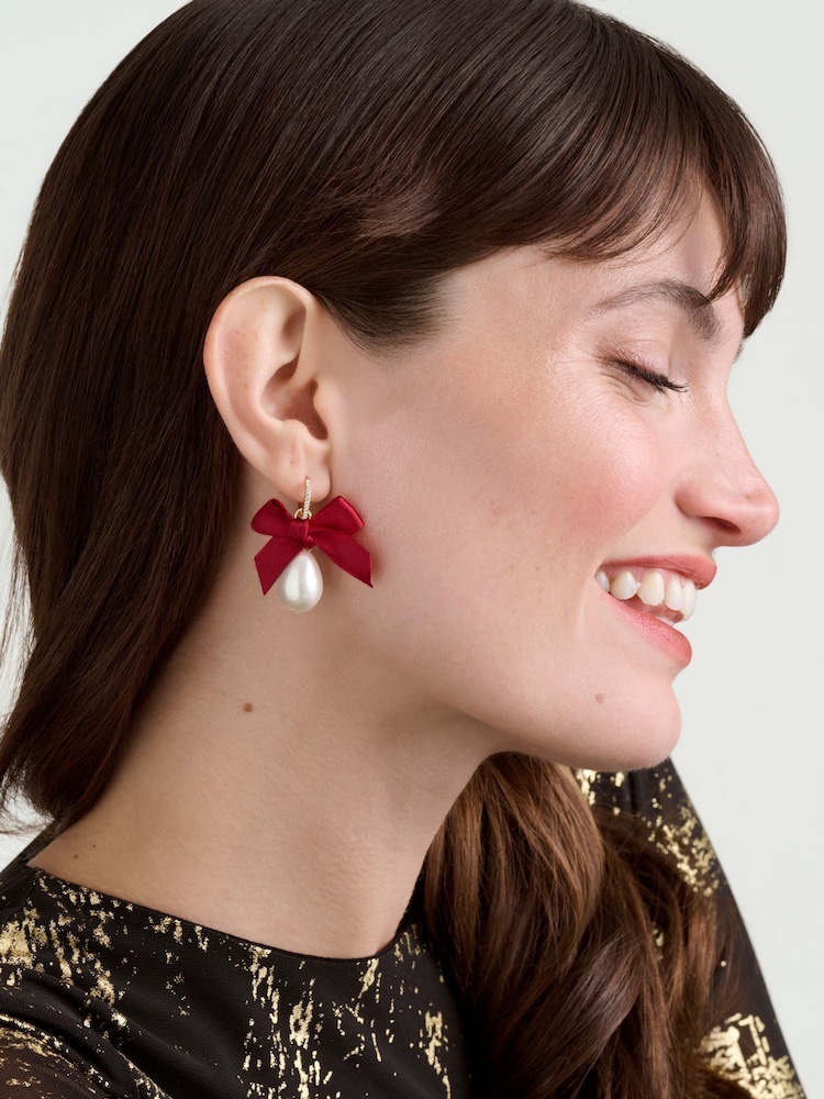 Ted Baker Gold Tone Riyya: Ribbon Bow Pearl Drop Huggie Earrings - Image 4 of 4 Ted Baker Gold Tone Riyya: Ribbon Bow Pearl Drop Huggie Earrings - Image 4 of 4