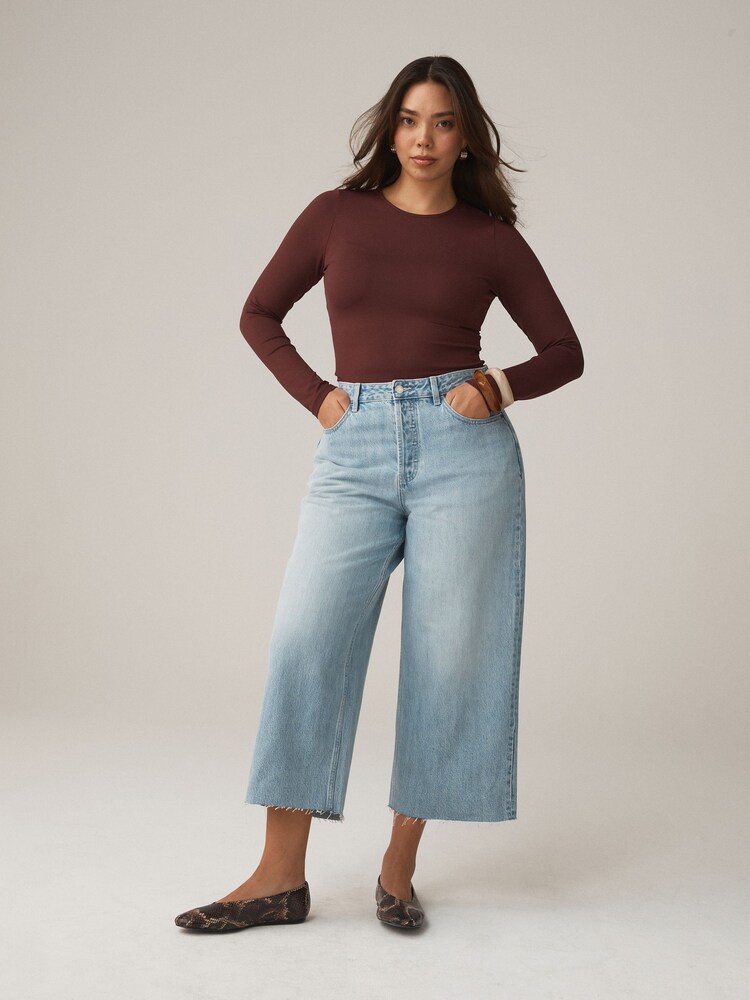 浅蓝色 - Hourglass Wide Leg Raw Hem Cropped Jeans - 图片1 / 6