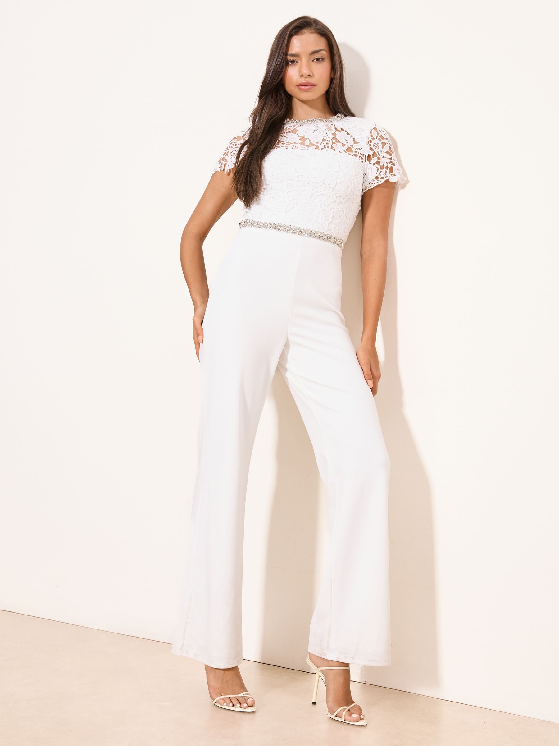 Buy Lipsy White Hybrid Lace Diamante Trim Jumpsuit from Next USA