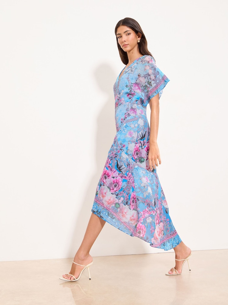 Lipsy Blue V-Neck Floral Fit And Flare High Low Midi Dress - Image 1 of 5