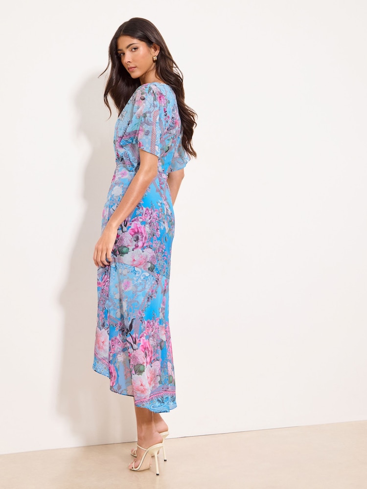 Lipsy Blue V-Neck Floral Fit And Flare High Low Midi Dress - Image 5 of 5