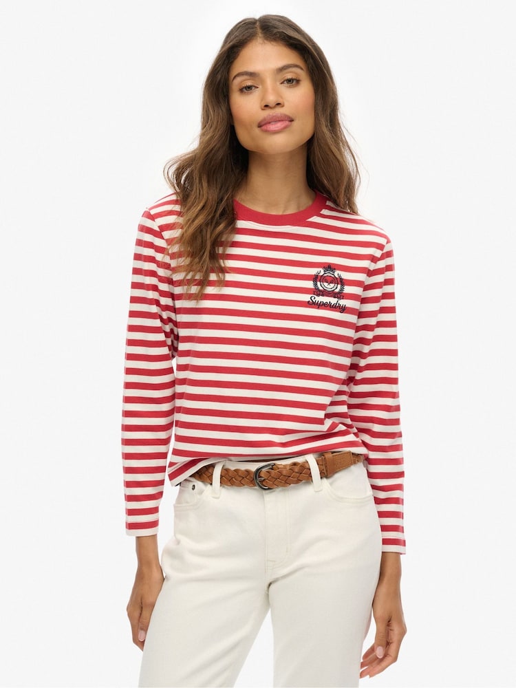 Superdry Red Country Club Long Sleeve Stripe Top - Image 1 of 7 Superdry Red Country Club Long Sleeve Stripe Top - Image 1 of 7