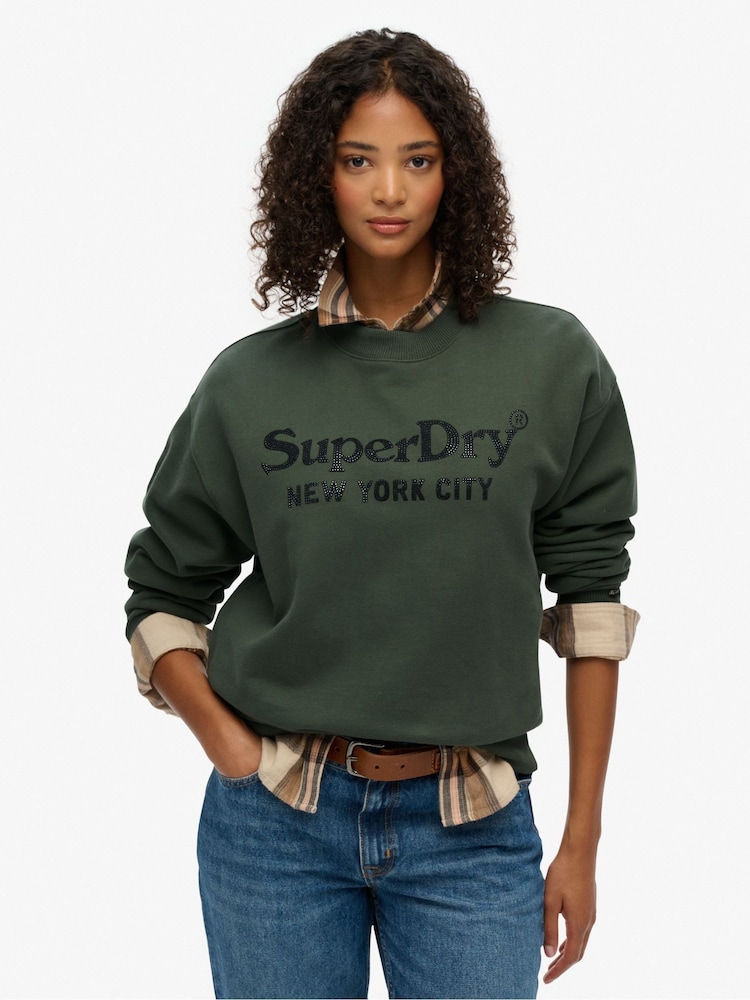 Superdry Green Brand Mark Loose Crew Sweattop - Image 1 of 6 Superdry Green Brand Mark Loose Crew Sweattop - Image 1 of 6