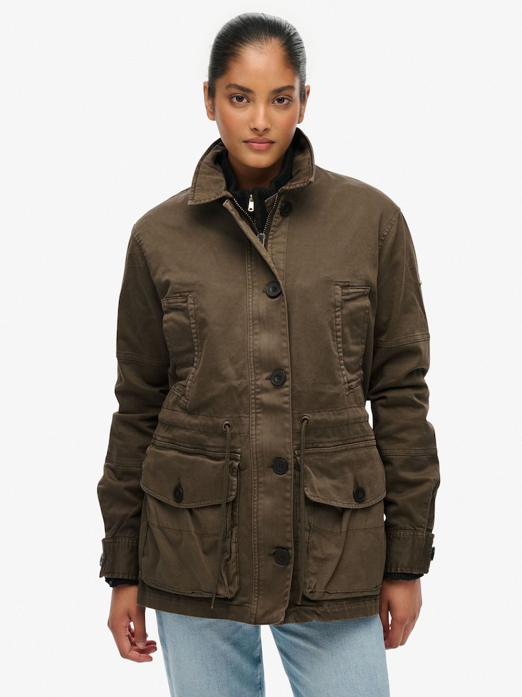 Superdry Green Dropped Waist Jacket - Image 1 of 8 Superdry Green Dropped Waist Jacket - Image 1 of 8