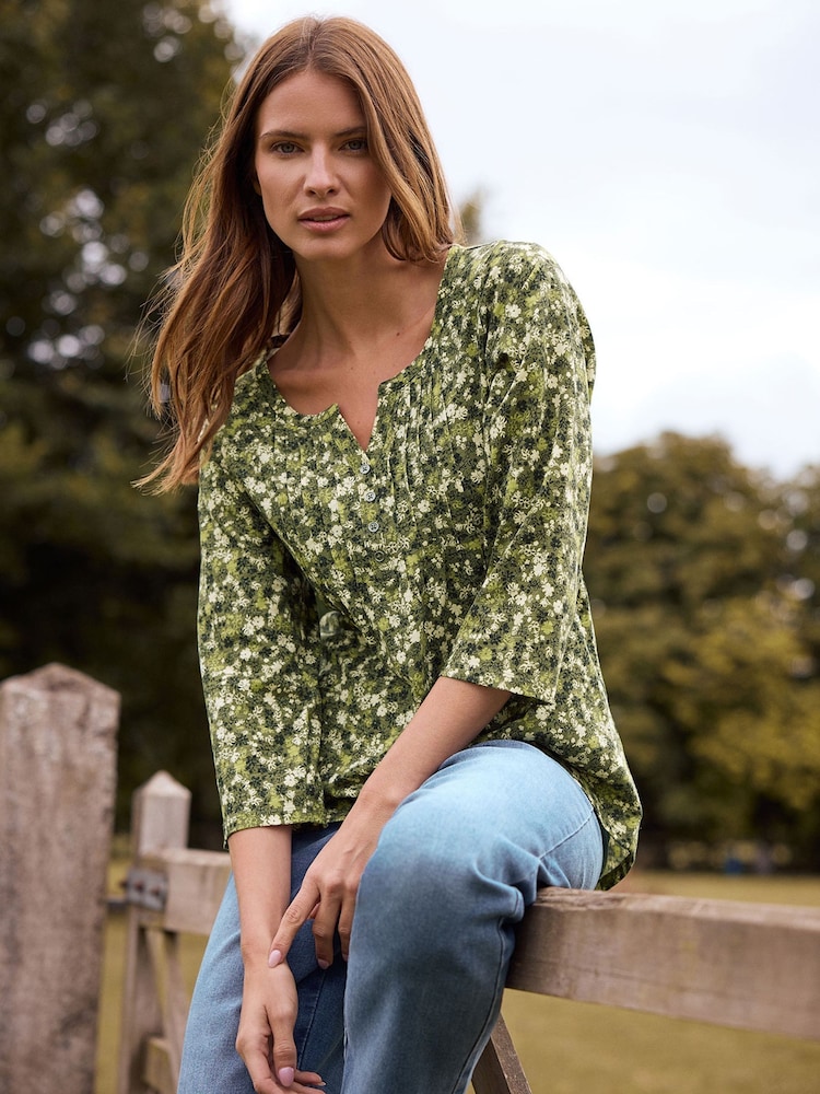 M&Co Green Ditsy 3/4 Sleeve Henley Top - Image 1 of 3