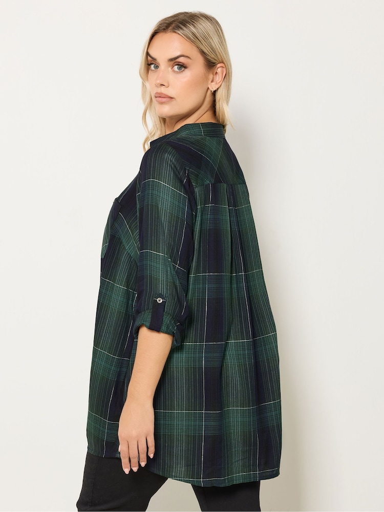 Yours Curve Green Overhead Check Blouse - Image 2 of 5 Yours Curve Green Overhead Check Blouse - Image 2 of 5