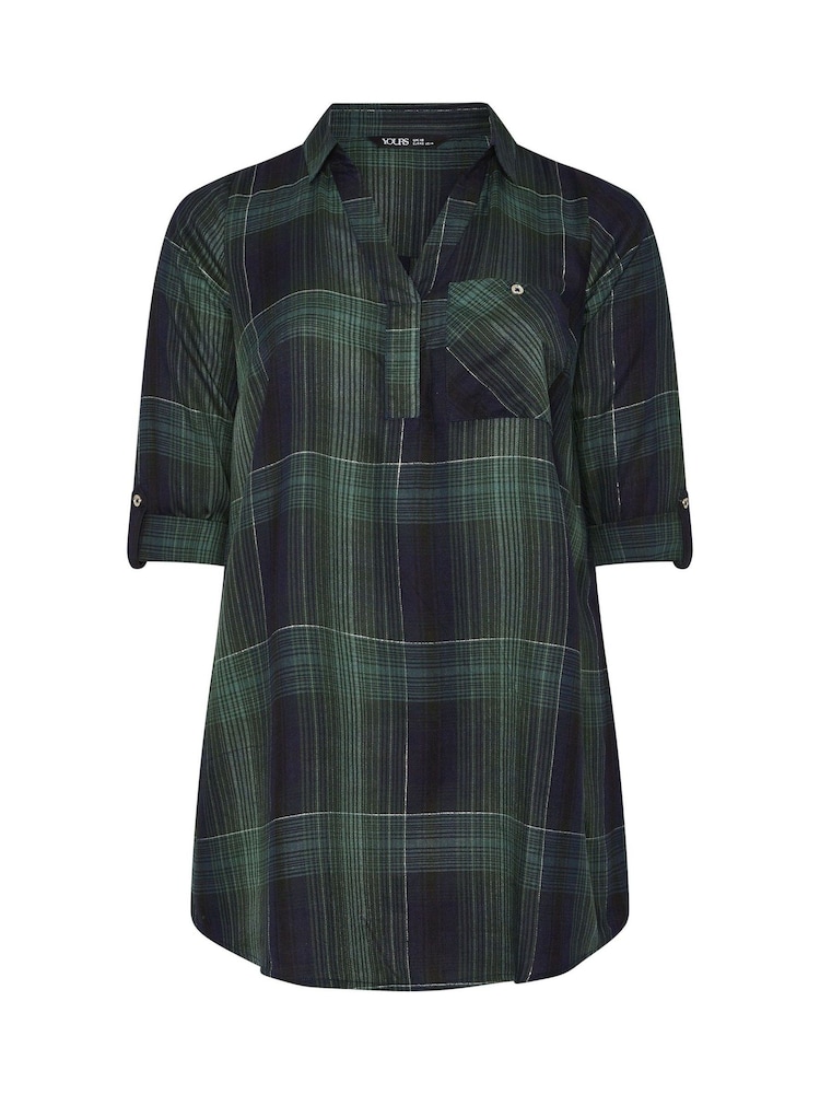 Yours Curve Green Overhead Check Blouse - Image 5 of 5 Yours Curve Green Overhead Check Blouse - Image 5 of 5