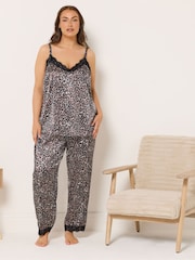 Yours Curve Black Satin Lace Cami Pyjamas Set - Image 1 of 5