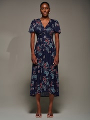 Jolie Moi Blue Mesh Short Sleeve Midaxi Dress - Image 1 of 5