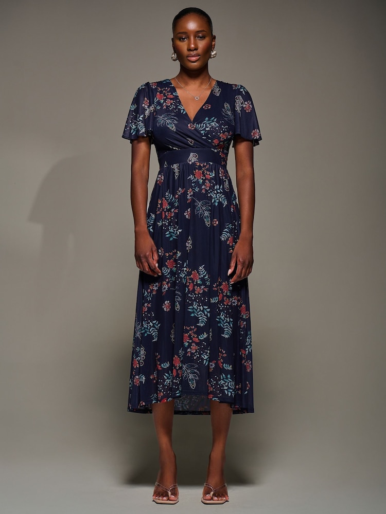 Jolie Moi Blue Mesh Short Sleeve Midaxi Dress - Image 1 of 5 Jolie Moi Blue Mesh Short Sleeve Midaxi Dress - Image 1 of 5