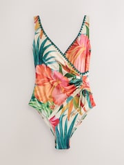 Red/Cream Tropical Floral Ruched Side Tummy Shaping Control Swimsuit - Image 1 of 4