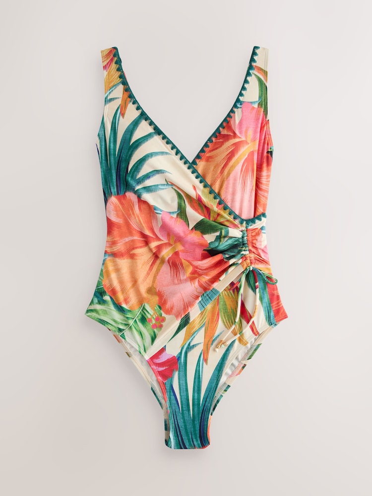 Red/Cream Tropical Floral Ruched Side Tummy Shaping Control Swimsuit - Image 1 of 4