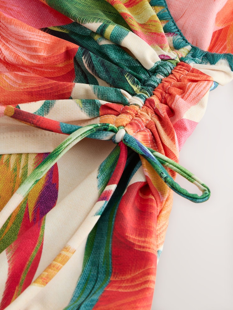 Red/Cream Tropical Floral Ruched Side Tummy Shaping Control Swimsuit - Image 4 of 4