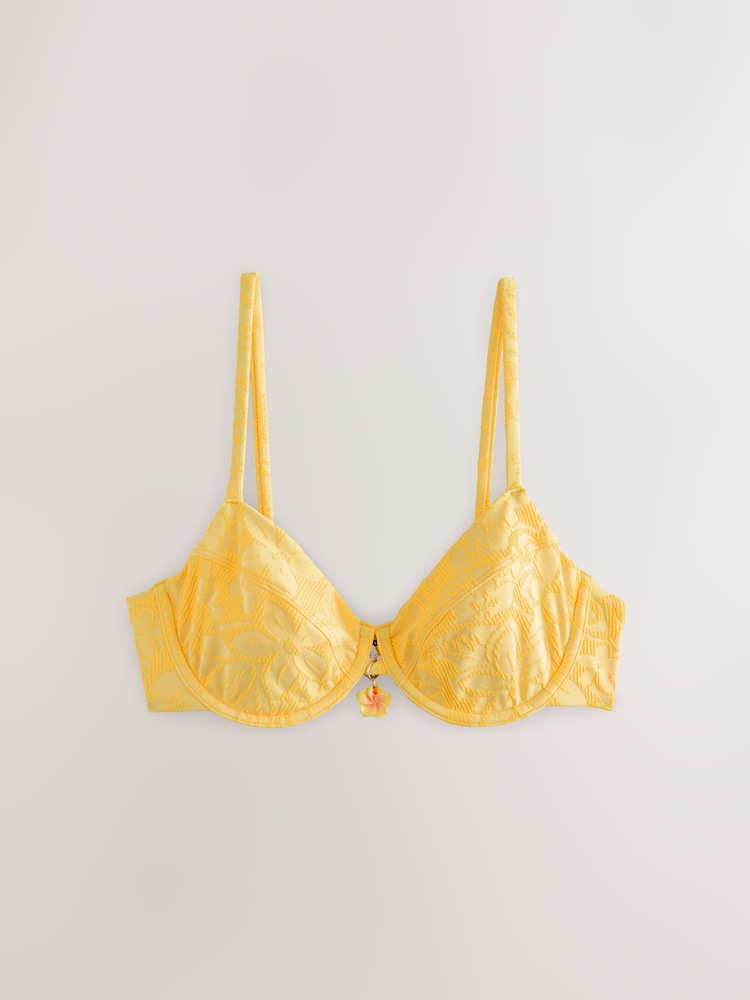 Yellow Floral Jacquard Non Padded Underwired Bikini Top - Image 1 of 3 Yellow Floral Jacquard Non Padded Underwired Bikini Top - Image 1 of 3