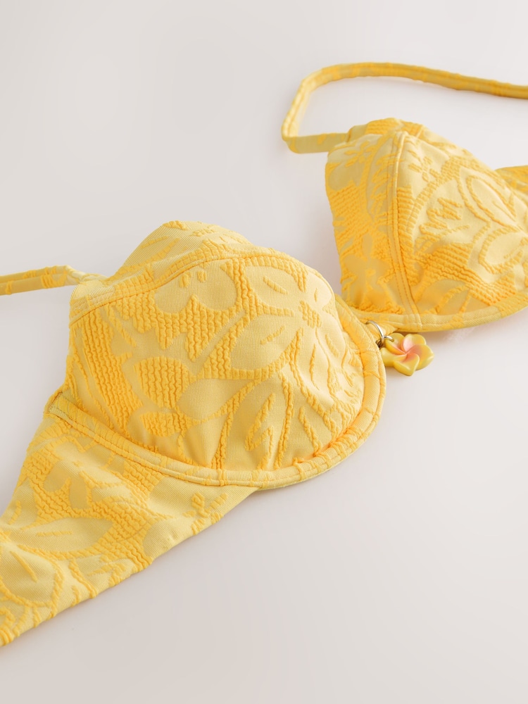 Yellow Floral Jacquard Non Padded Underwired Bikini Top - Image 2 of 3 Yellow Floral Jacquard Non Padded Underwired Bikini Top - Image 2 of 3
