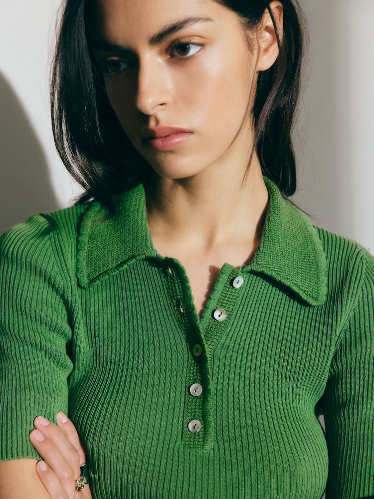 BHOEM Green Ribbed Knit Polo Shirt With Textured Collar - Εικόνα 1 από 5