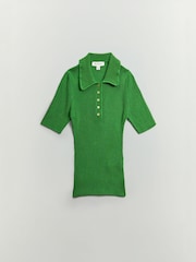 BHOEM Green Ribbed Knit Polo Shirt With Textured Collar - Image 6 of 6