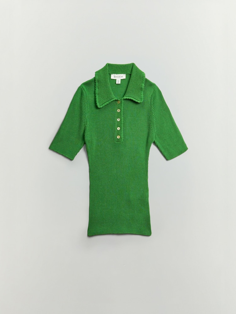 BHOEM Green Ribbed Knit Polo Shirt With Textured Collar - Image 6 of 6