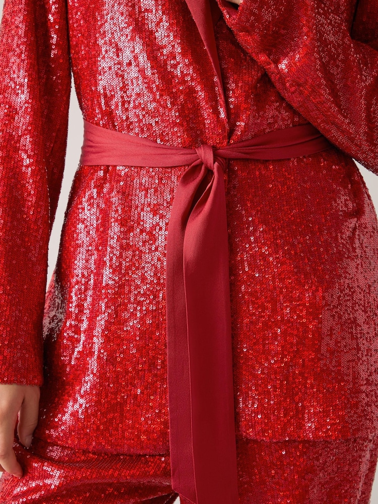 LK Bennett Red Shimmer Sequin Red Belted Jacket - Image 5 of 5