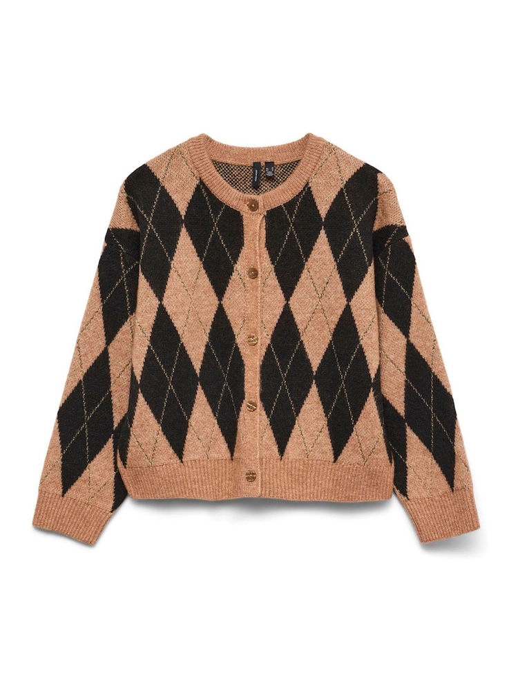 VERO MODA Brown Round Neck Argyle Cardigan - Image 1 of 1